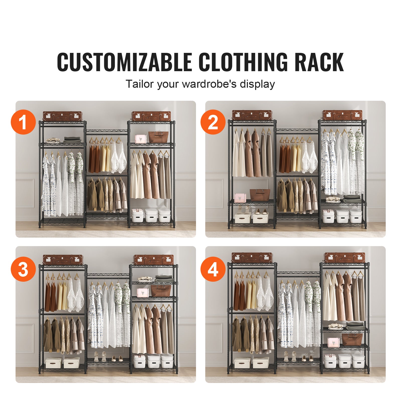 Heavy Duty Clothes Rack, Rolling Clothing Garment Rack with 4 Hang Rods & 8 Storage Tiers, Adjustable Custom Closet Rack, Freestanding Wardrobe for Hanging Clothes, 800 lbs Load Capacity