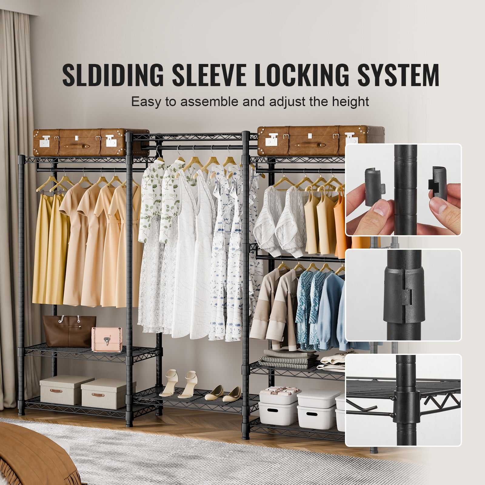 Heavy Duty Clothes Rack, Rolling Clothing Garment Rack with 4 Hang Rods & 8 Storage Tiers, Adjustable Custom Closet Rack, Freestanding Wardrobe for Hanging Clothes, 800 lbs Load Capacity