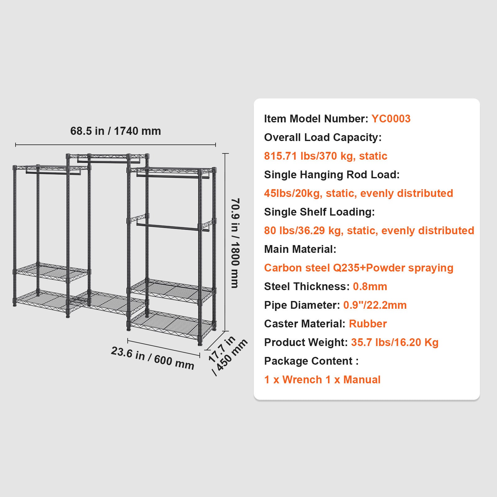 Heavy Duty Clothes Rack, Rolling Clothing Garment Rack with 4 Hang Rods & 8 Storage Tiers, Adjustable Custom Closet Rack, Freestanding Wardrobe for Hanging Clothes, 800 lbs Load Capacity