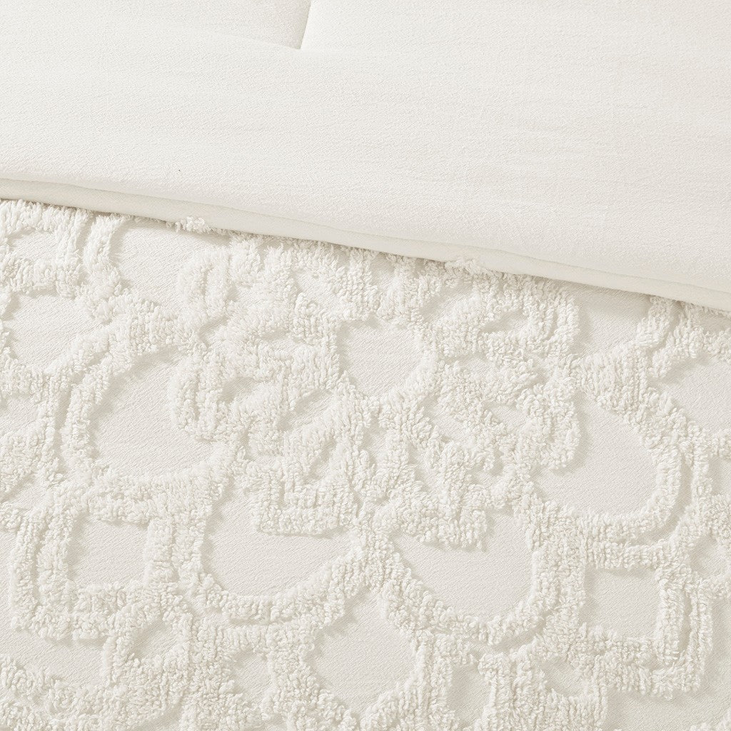 3-Piece Tufted Cotton Chenille Medallion Comforter Set Off-White Full/Queen