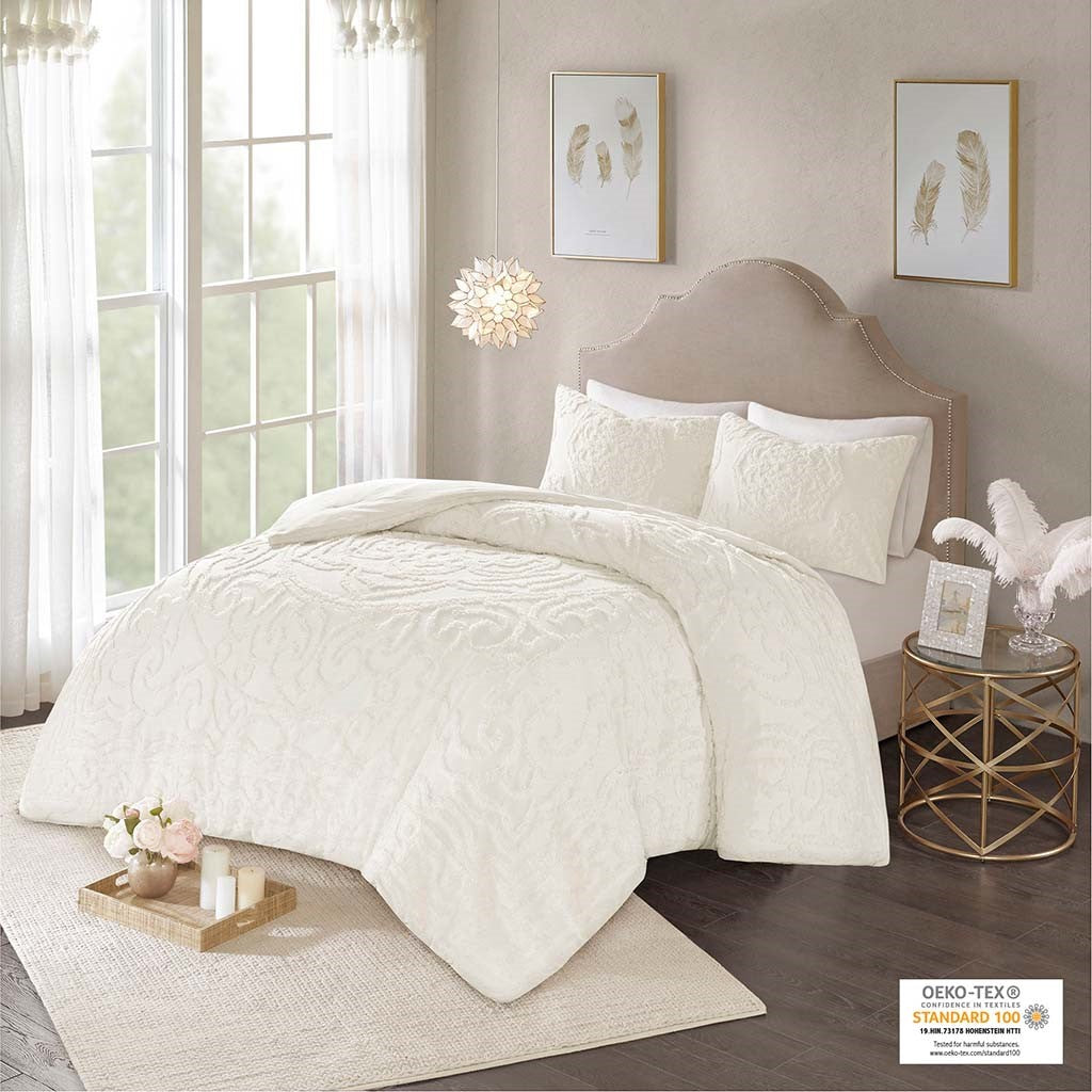 3-Piece Tufted Cotton Chenille Medallion Comforter Set Off-White Full/Queen