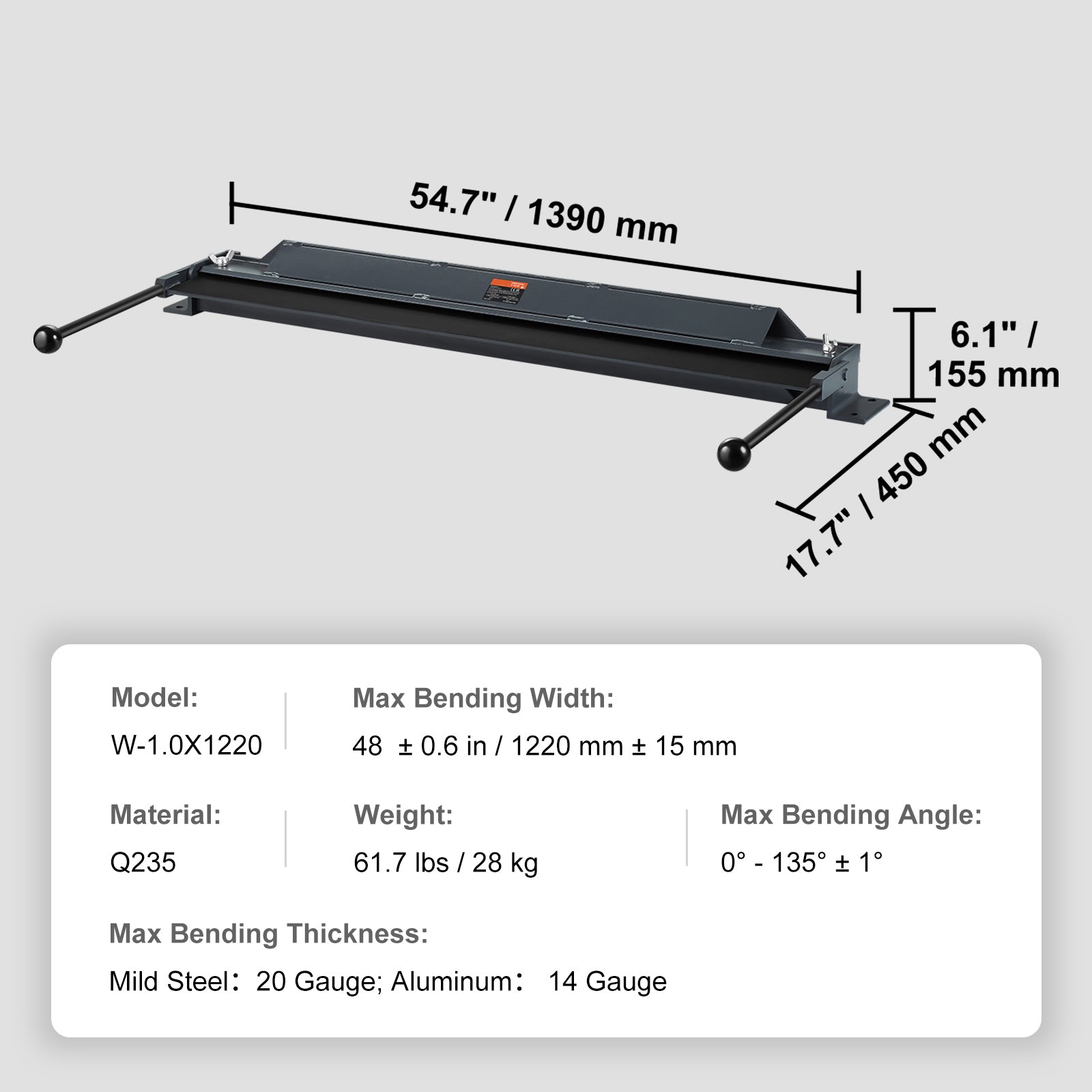 Box and Pan Brake, 48-Inch, 0-130 Degrees Sheet Metal Bending Brake, Portable Mini Metal Bender with 20 Gauge Low Carbon Steel 14 Gauge Aluminum Capacity Power Handle, for Metal Bending