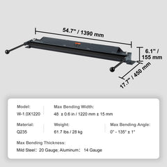 Box and Pan Brake, 48-Inch, 0-130 Degrees Sheet Metal Bending Brake, Portable Mini Metal Bender with 20 Gauge Low Carbon Steel 14 Gauge Aluminum Capacity Power Handle, for Metal Bending