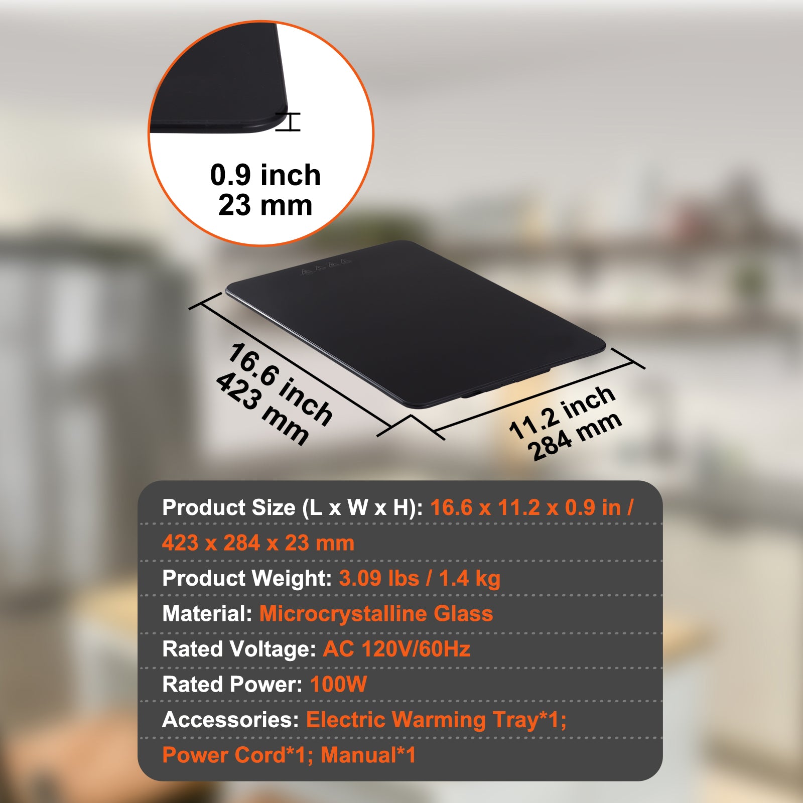 Electric Warming Tray, 16.5" x 11" Portable Tempered Glass Heating Tray, Perfect for Dinner, Catering, House, Parties, Events, Entertaining and Holiday, Black