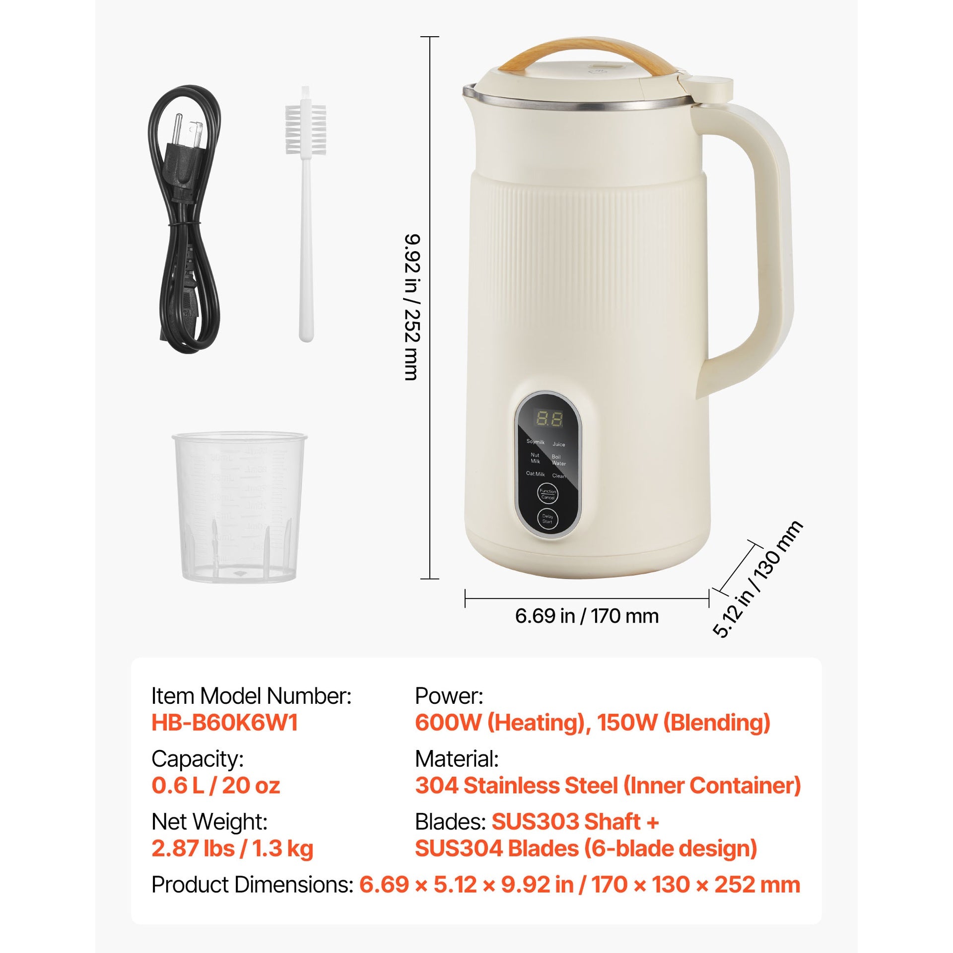 6-in-1 Nut Milk Maker, 20 oz Soy Milk Maker Machine with 6 Blades, for Homemade Oat, Nut, Soy, Juice, Plant-Based and Non Dairy Beverages with High-Temp Self-Cleaning, Boil Water, 12-Hour Delay