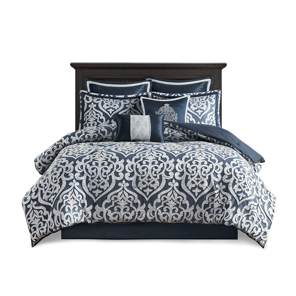 8 Piece Jacquard Comforter Set Navy/Silver Queen