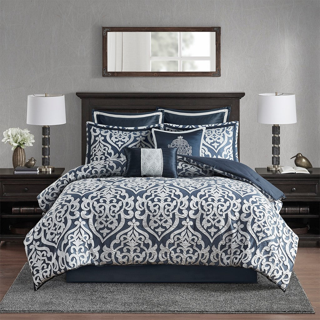 8 Piece Jacquard Comforter Set Navy/Silver Queen