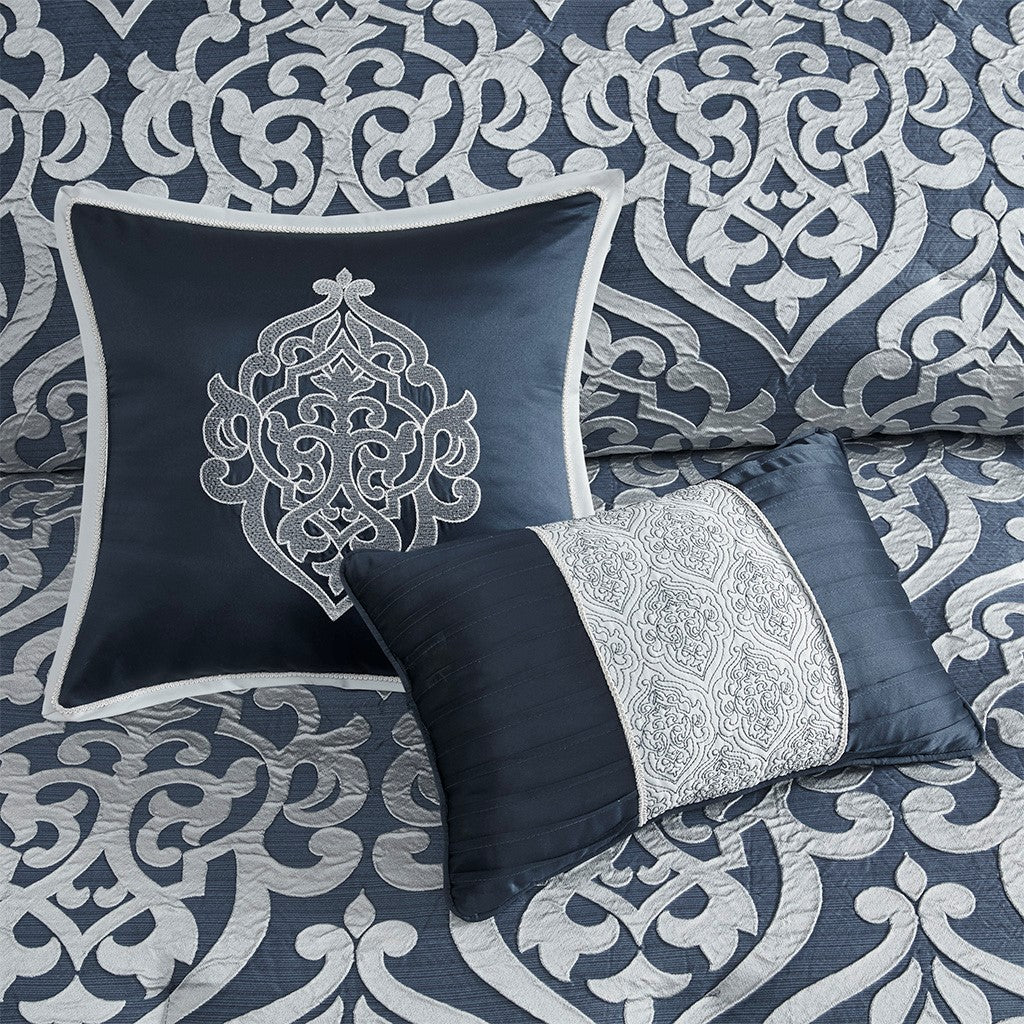 8 Piece Jacquard Comforter Set Navy/Silver Queen