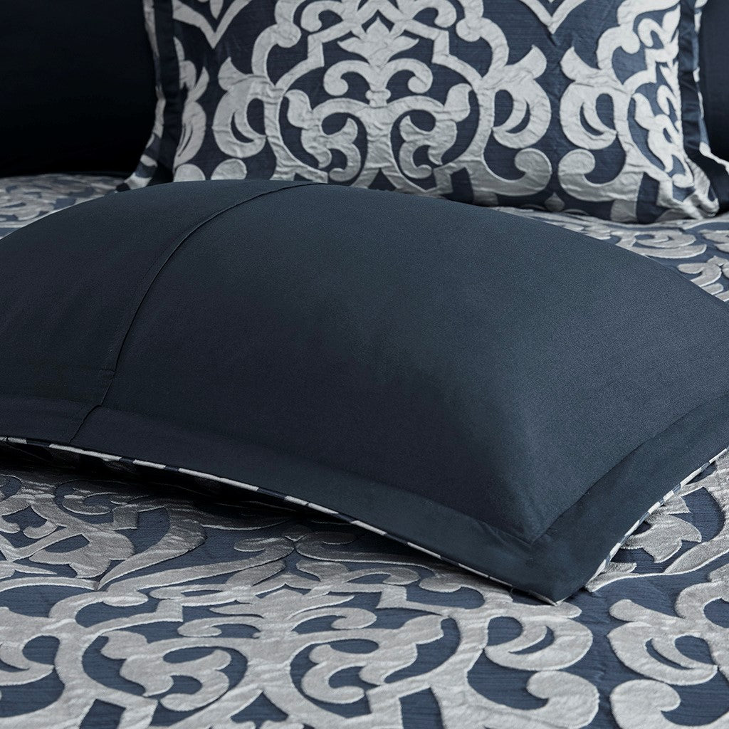 8 Piece Jacquard Comforter Set Navy/Silver Queen