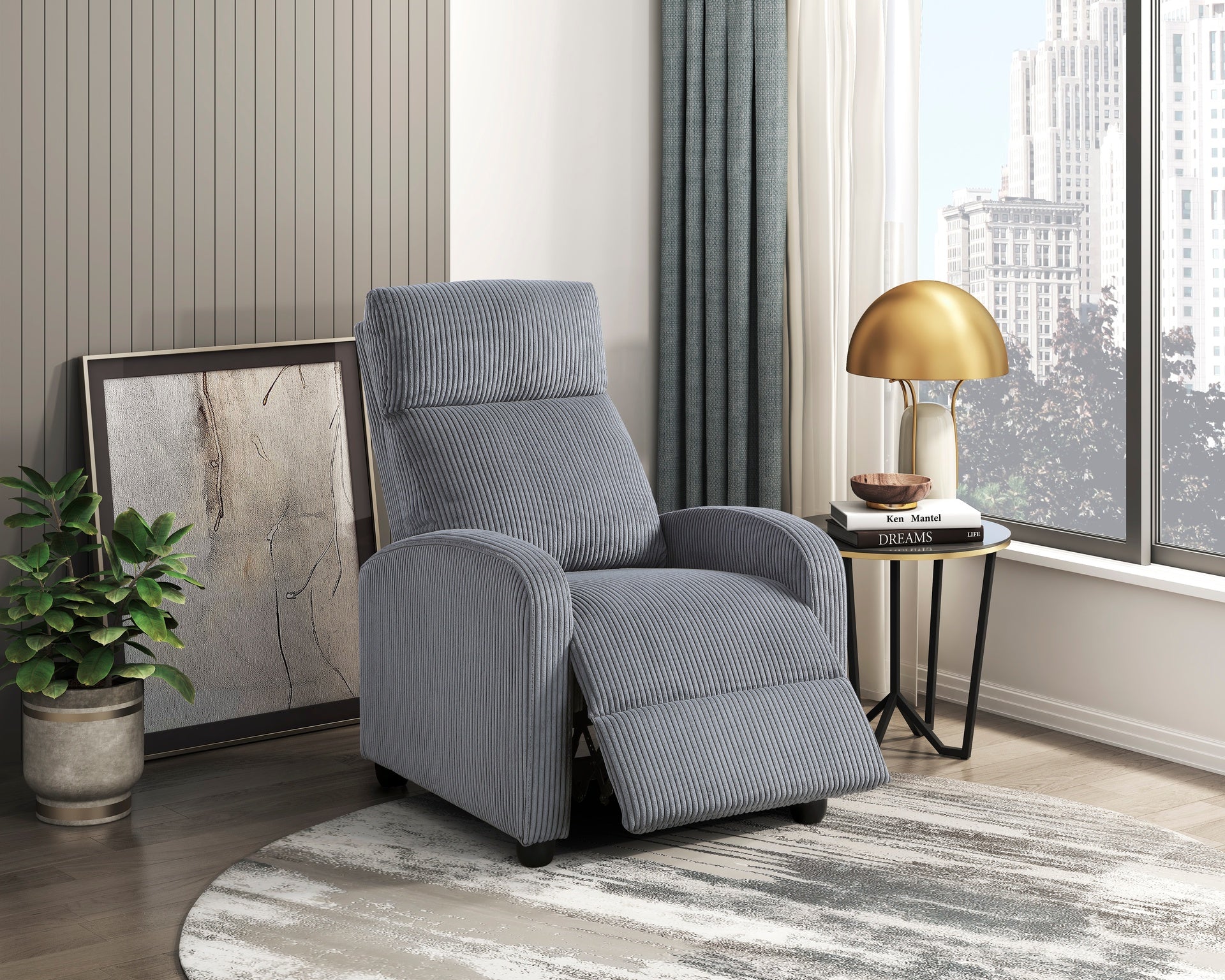 Modern Push Back Recliner Chair Dark Gray Soft Corduroy Upholstery Comfort Solid Wood Living Room Furniture 1pc