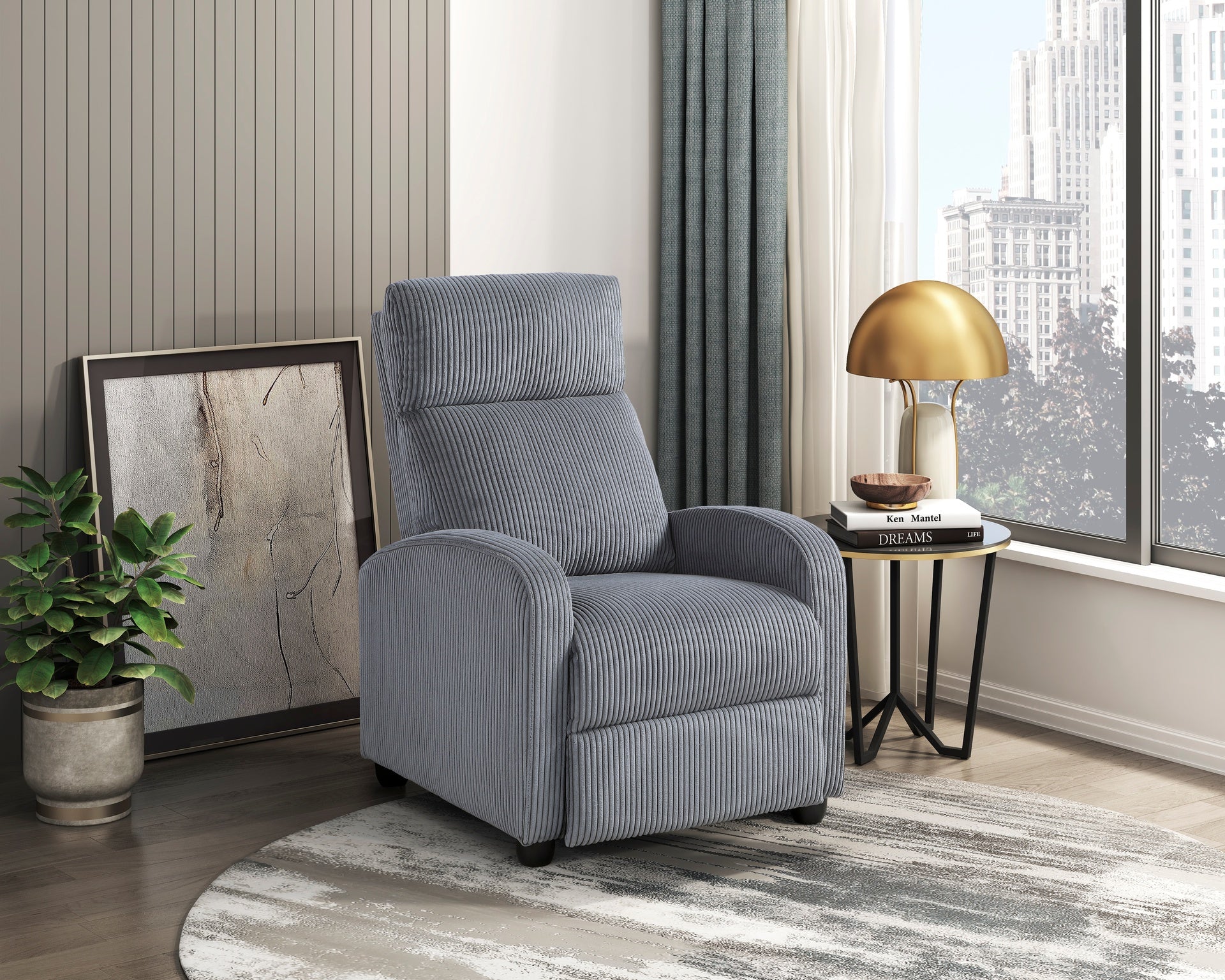 Modern Push Back Recliner Chair Dark Gray Soft Corduroy Upholstery Comfort Solid Wood Living Room Furniture 1pc
