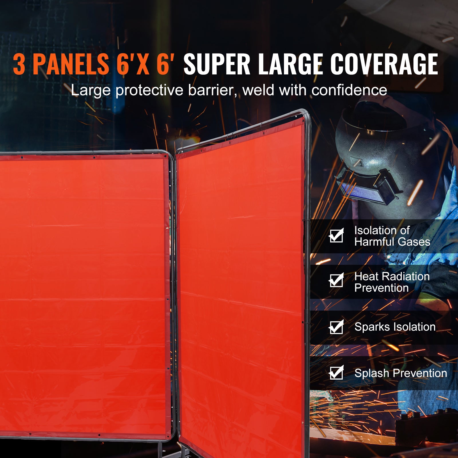 Welding Screen with Frame, 6' x 6' 3 Panel Welding Curtain Screens, Flame-Resistant Vinyl Welding Protection Screen on 12 Swivel Wheels (6 Lockable), Moveable & Professional for Workshop, Red