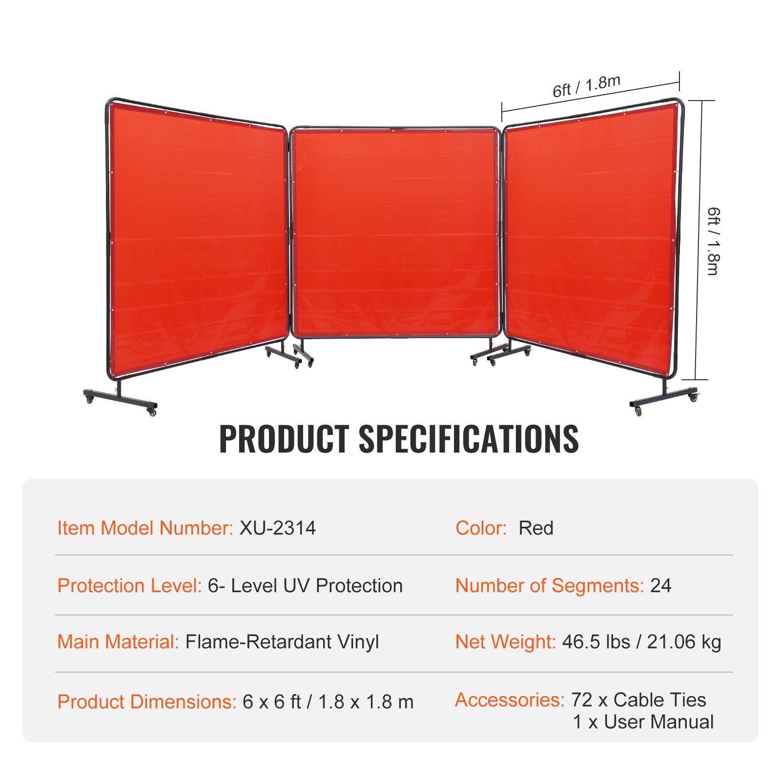 Welding Screen with Frame, 6' x 6' 3 Panel Welding Curtain Screens, Flame-Resistant Vinyl Welding Protection Screen on 12 Swivel Wheels (6 Lockable), Moveable & Professional for Workshop, Red