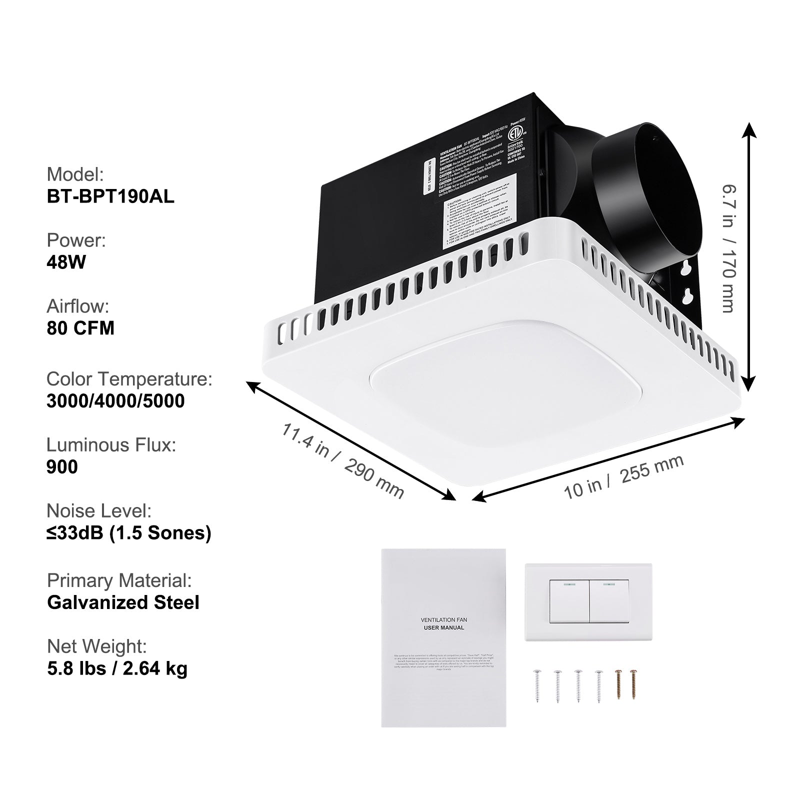 Bathroom Exhaust Fan, 80 CFM High-Efficiency Ventilation, 1.5sones Low Noise Operation All-Copper Motor, Energy-Saving Bathroom Ceiling Fan, Need For Attic Access, For Various Ceilings