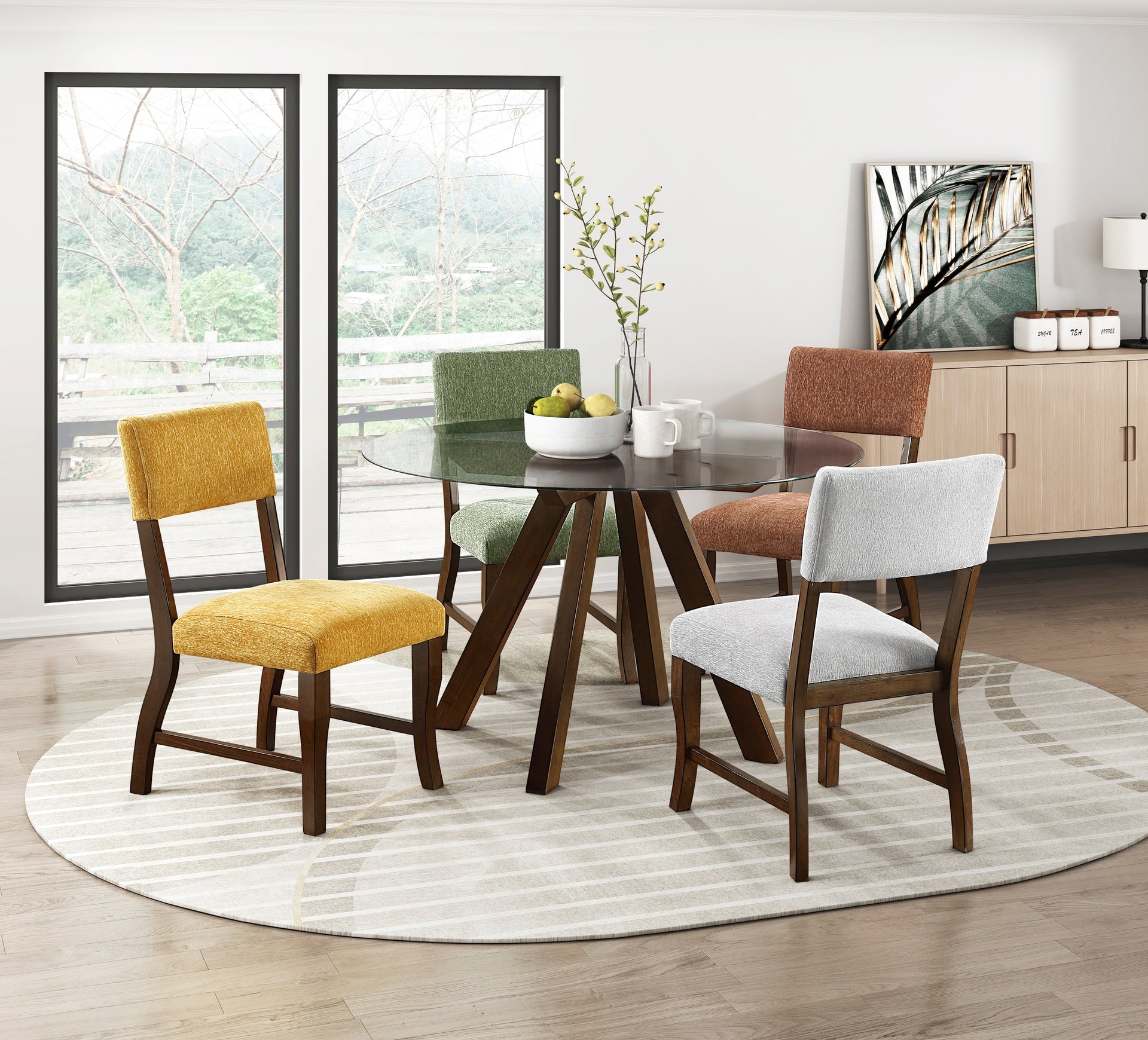 Contemporary Dining Side Chairs Set of 2 Durable Gray Chenille Fabric Upholstered Comfort Seat Back Wooden Furniture