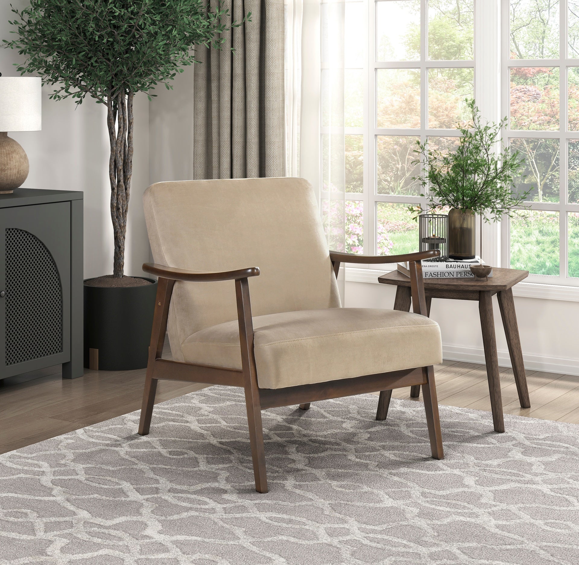 Mid-Century Modern Design 1pc Accent Chair Light Brown Velvet Upholstery Dark Walnut Finish Wood, High-Resiliency Foam Cushions