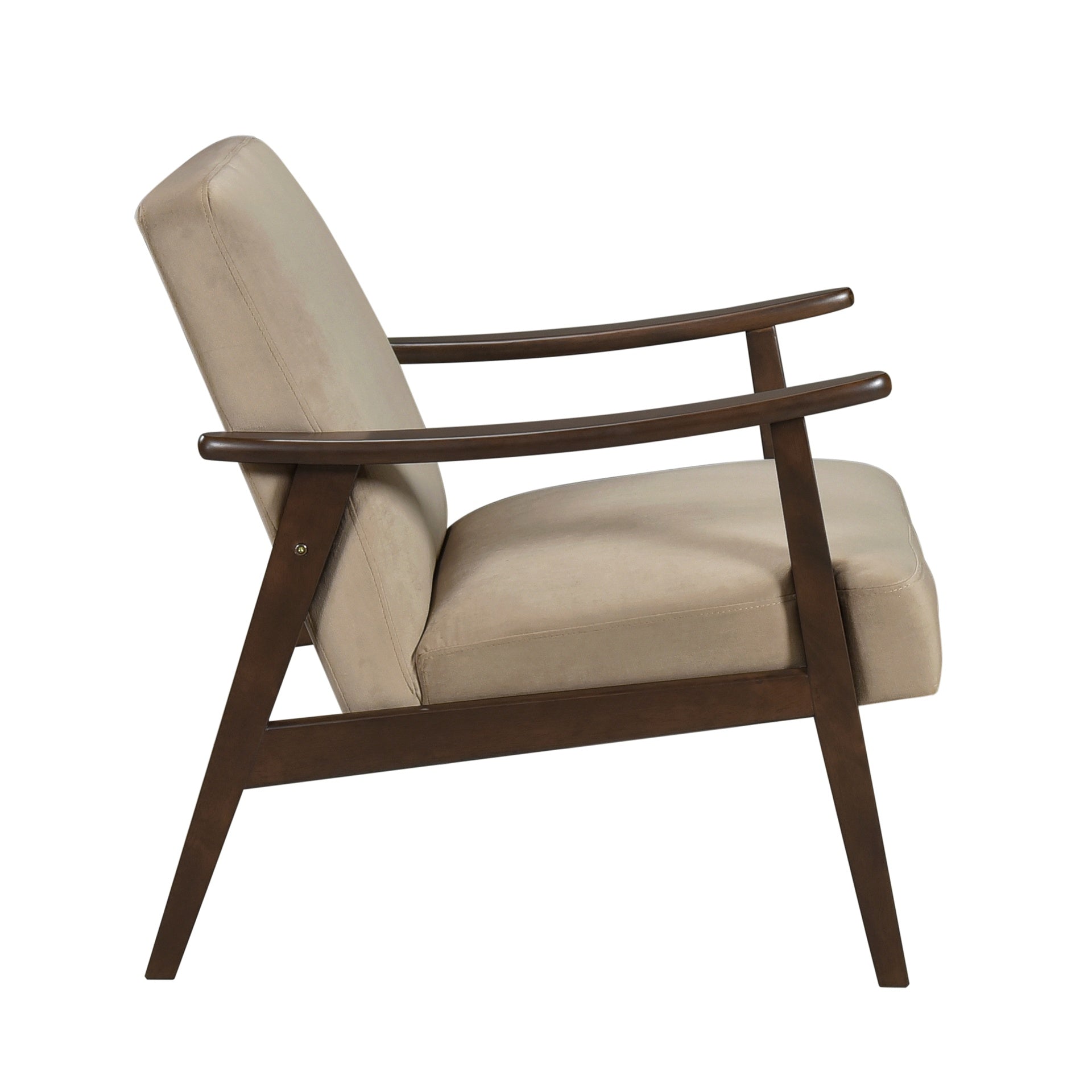 Mid-Century Modern Design 1pc Accent Chair Light Brown Velvet Upholstery Dark Walnut Finish Wood, High-Resiliency Foam Cushions