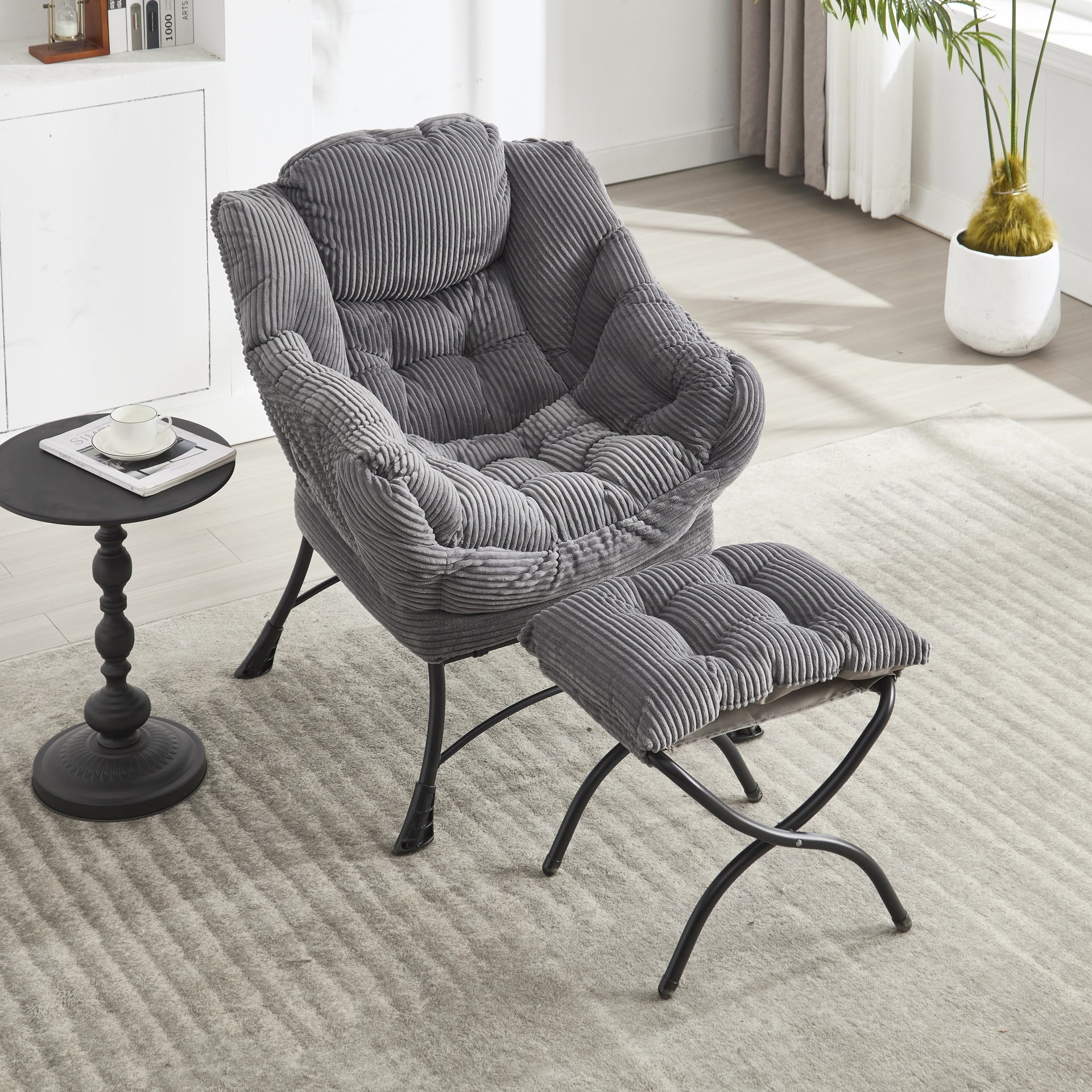 Lazy Chair with Ottoman, Modern Lounge Accent Chair with Armrests and a Side Pocket, Leisure Upholstered Sofa Chair Reading Chair with Footrest for Small Space, Corner Chair-Grey