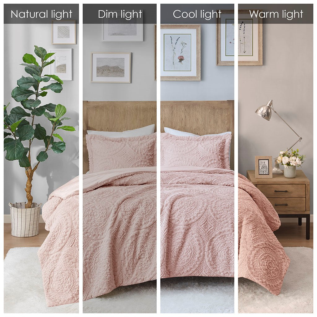Full/Queen Embroidered Medallion Faux Fur Ultra Plush Comforter Mini Set