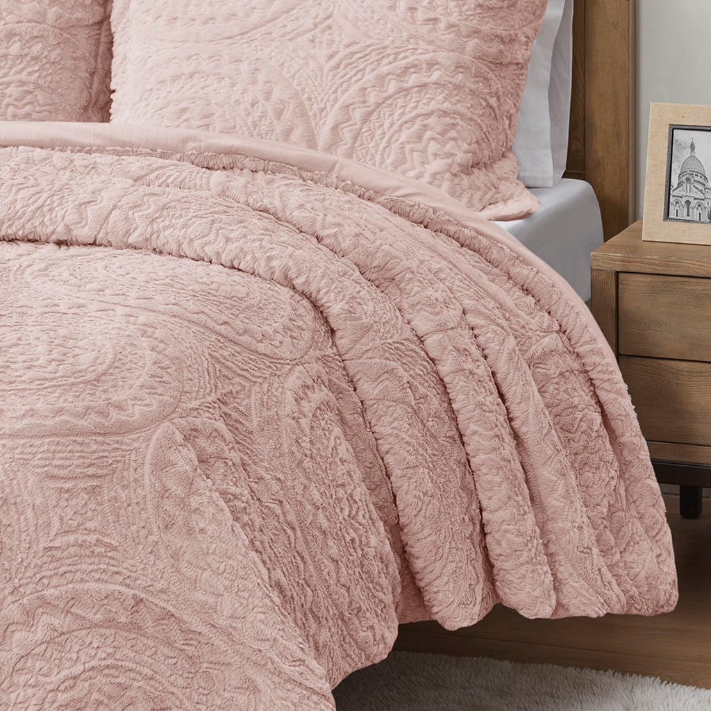 Full/Queen Embroidered Medallion Faux Fur Ultra Plush Comforter Mini Set