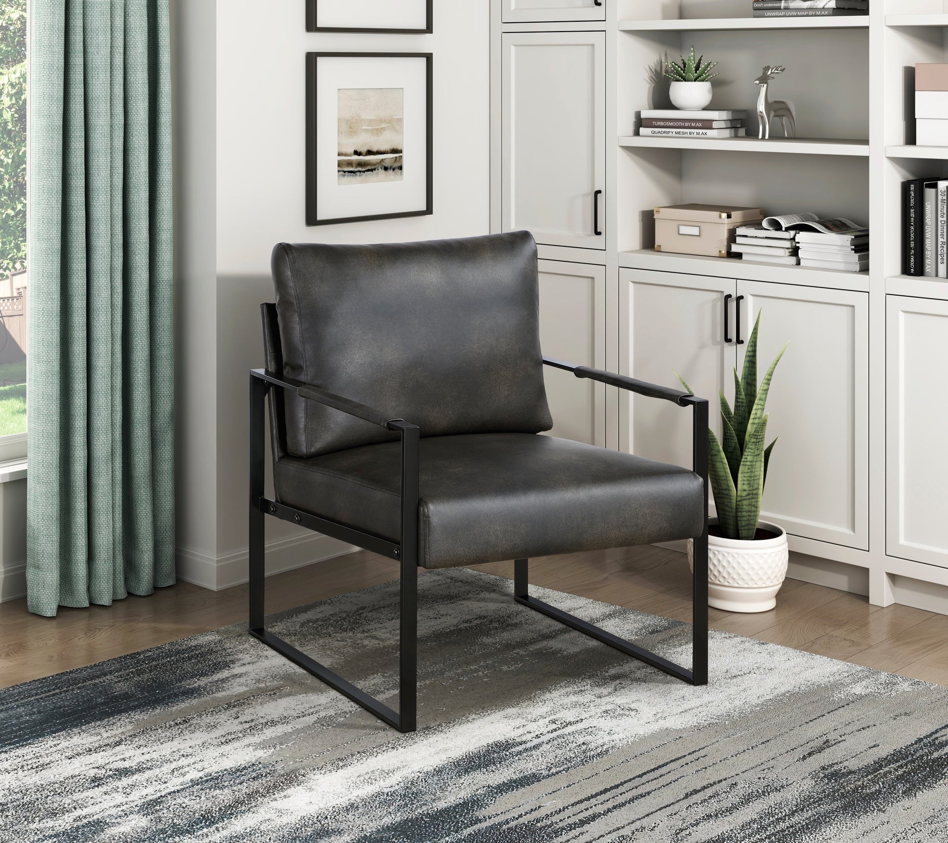 Modern Accent Chair Cushioned Seat Dark Gray Faux Leather Upholstery Black Metal Frame 1pc Style Comfort Durability Elegance Look