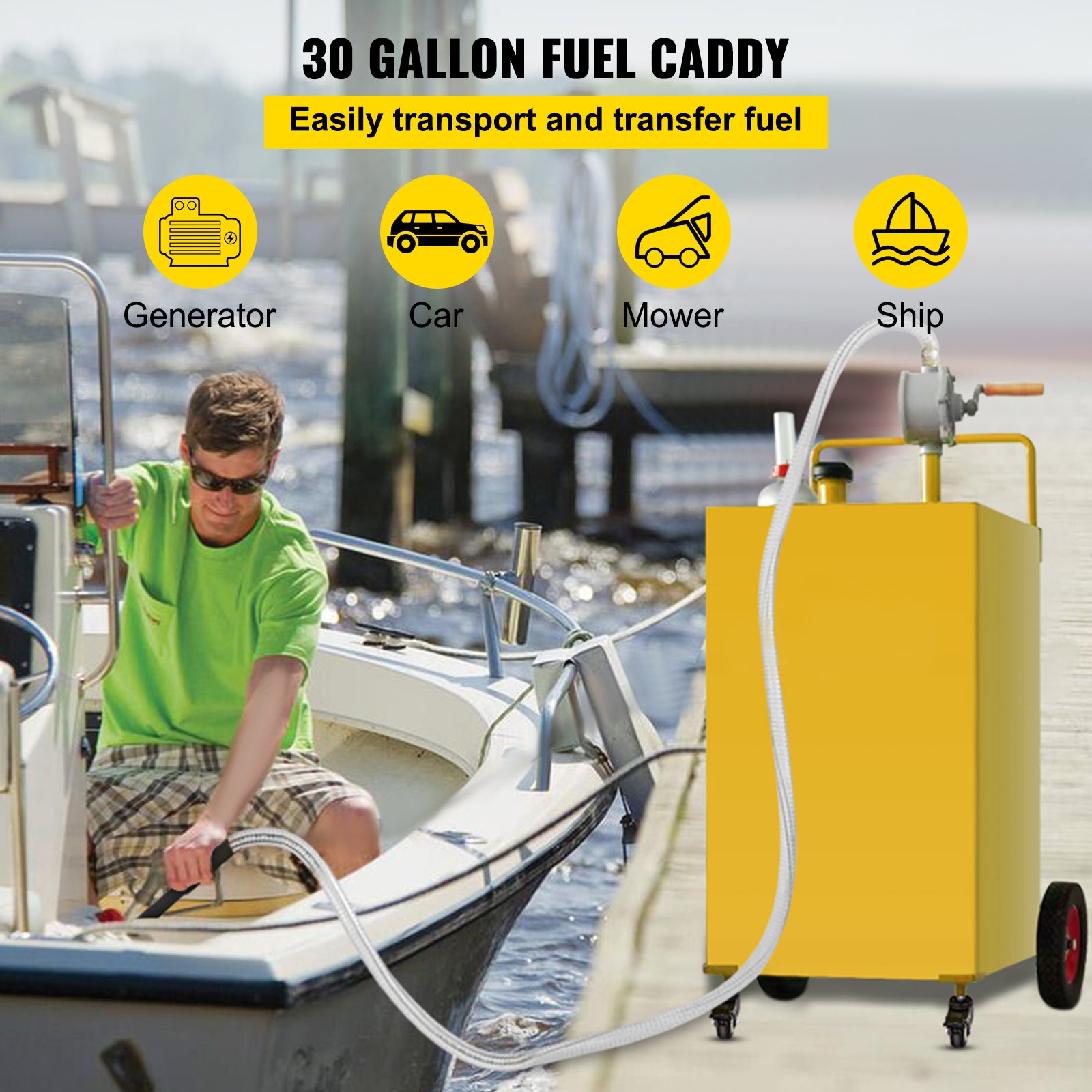 30 Gallon Fuel Caddy, Gas Storage Tank & 4 Wheels, with Manuel Transfer Pump, Gasoline Diesel Fuel Container for Cars, Lawn Mowers, ATVs, Boats, More, Yellow