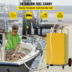 30 Gallon Fuel Caddy, Gas Storage Tank & 4 Wheels, with Manuel Transfer Pump, Gasoline Diesel Fuel Container for Cars, Lawn Mowers, ATVs, Boats, More, Yellow