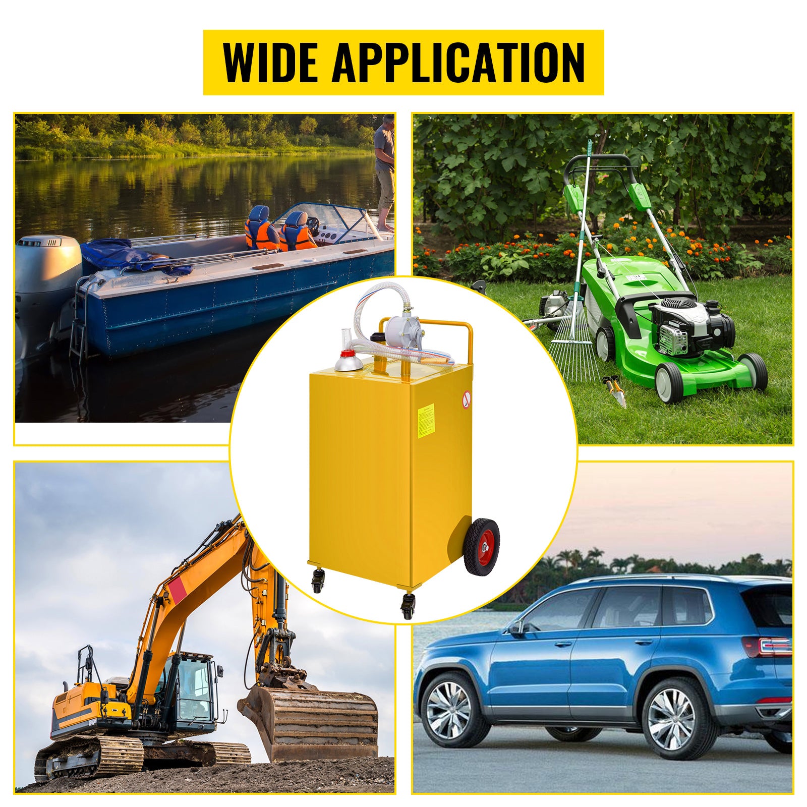 30 Gallon Fuel Caddy, Gas Storage Tank & 4 Wheels, with Manuel Transfer Pump, Gasoline Diesel Fuel Container for Cars, Lawn Mowers, ATVs, Boats, More, Yellow