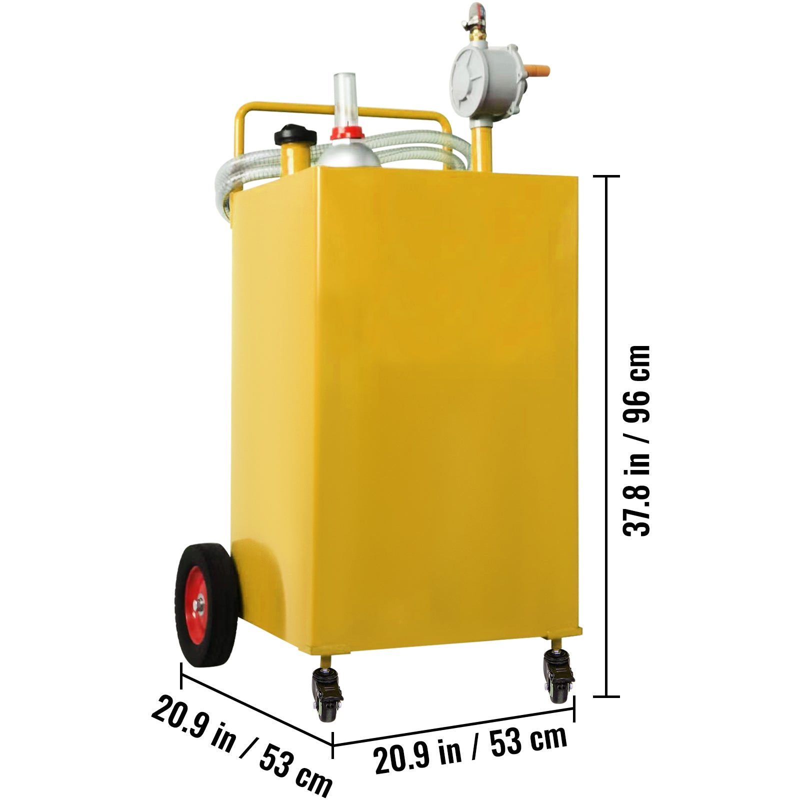 30 Gallon Fuel Caddy, Gas Storage Tank & 4 Wheels, with Manuel Transfer Pump, Gasoline Diesel Fuel Container for Cars, Lawn Mowers, ATVs, Boats, More, Yellow