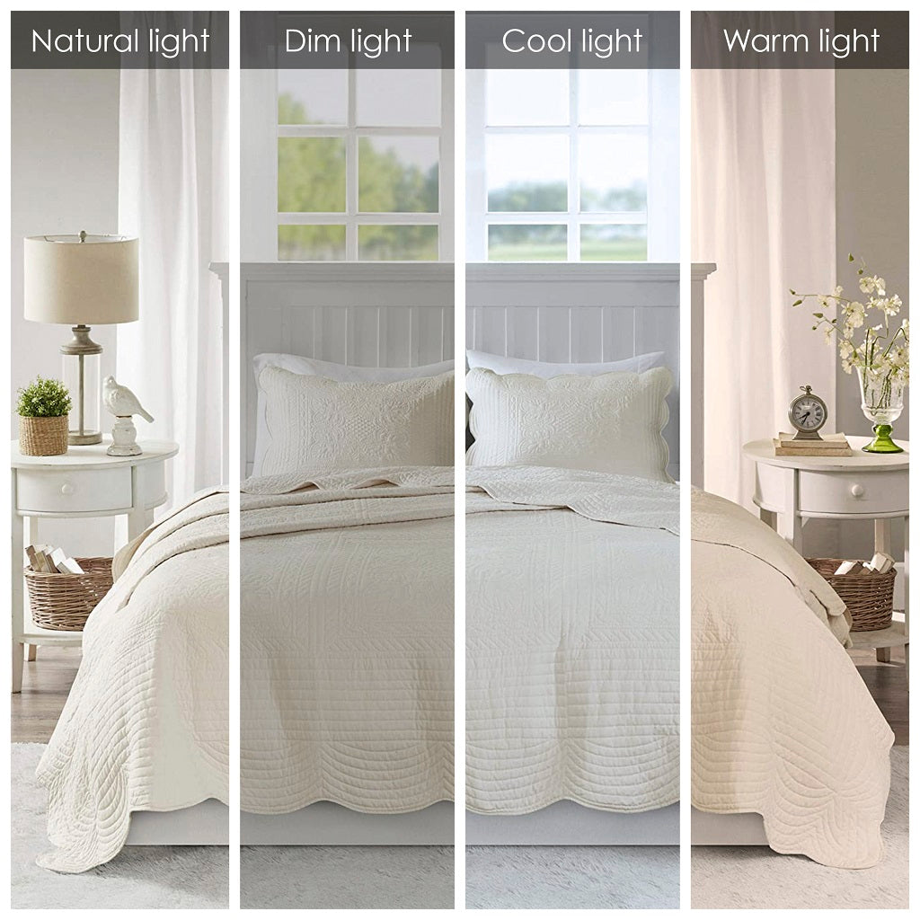 3 Piece Reversible Scalloped Edge Quilt Set Cream Full/Queen