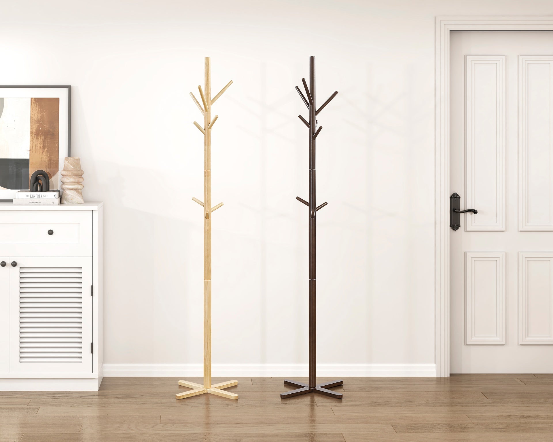 Natural Finish Modern Coat Rack Solid Wood, 9 Hooks Coat Hanger Stand Entryway Home Furniture 1pc