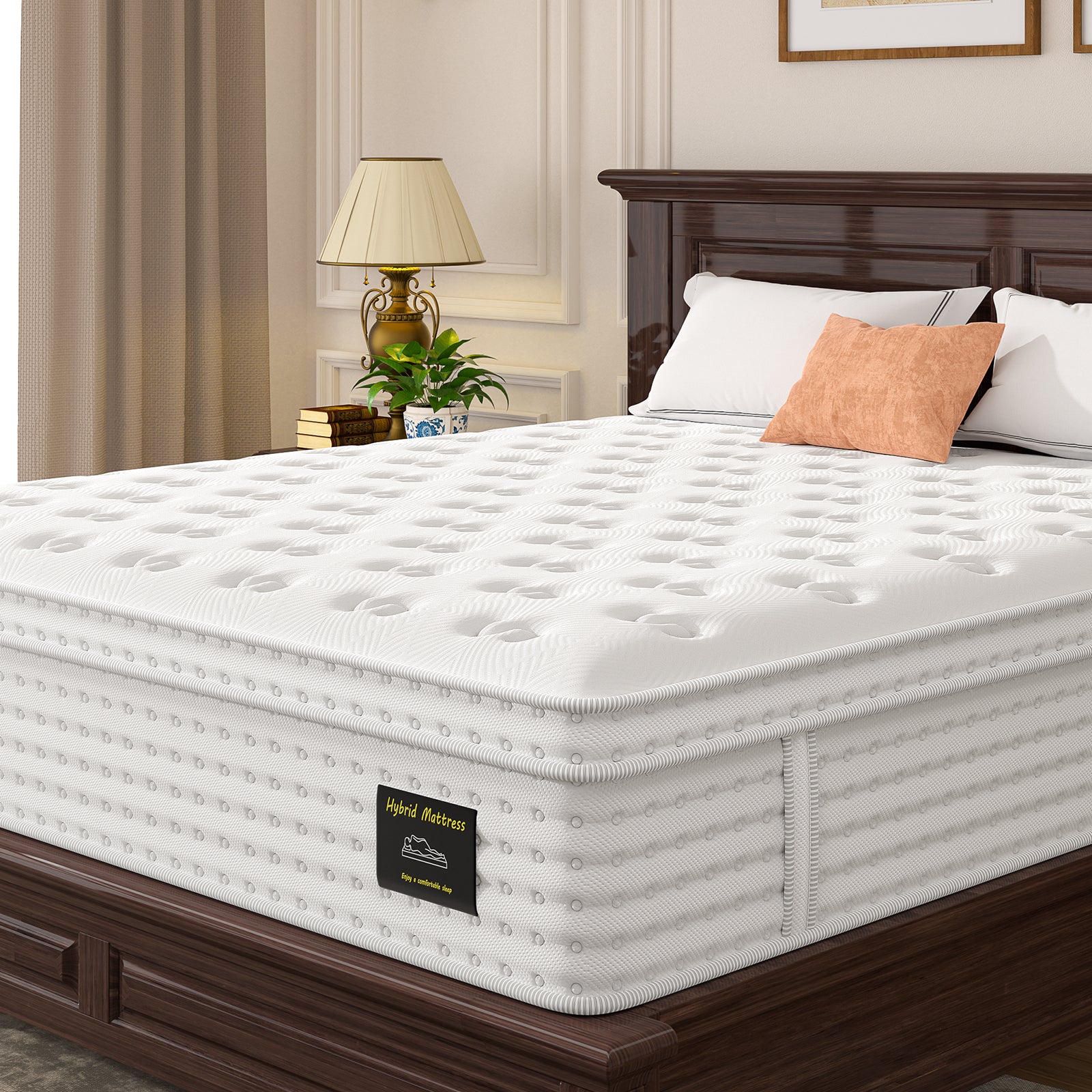 14'' Hybrid Mattress - Queen, Memory Foam & Pocket Springs for Pressure Relief, Fiberglass Free Ergonomic Home White