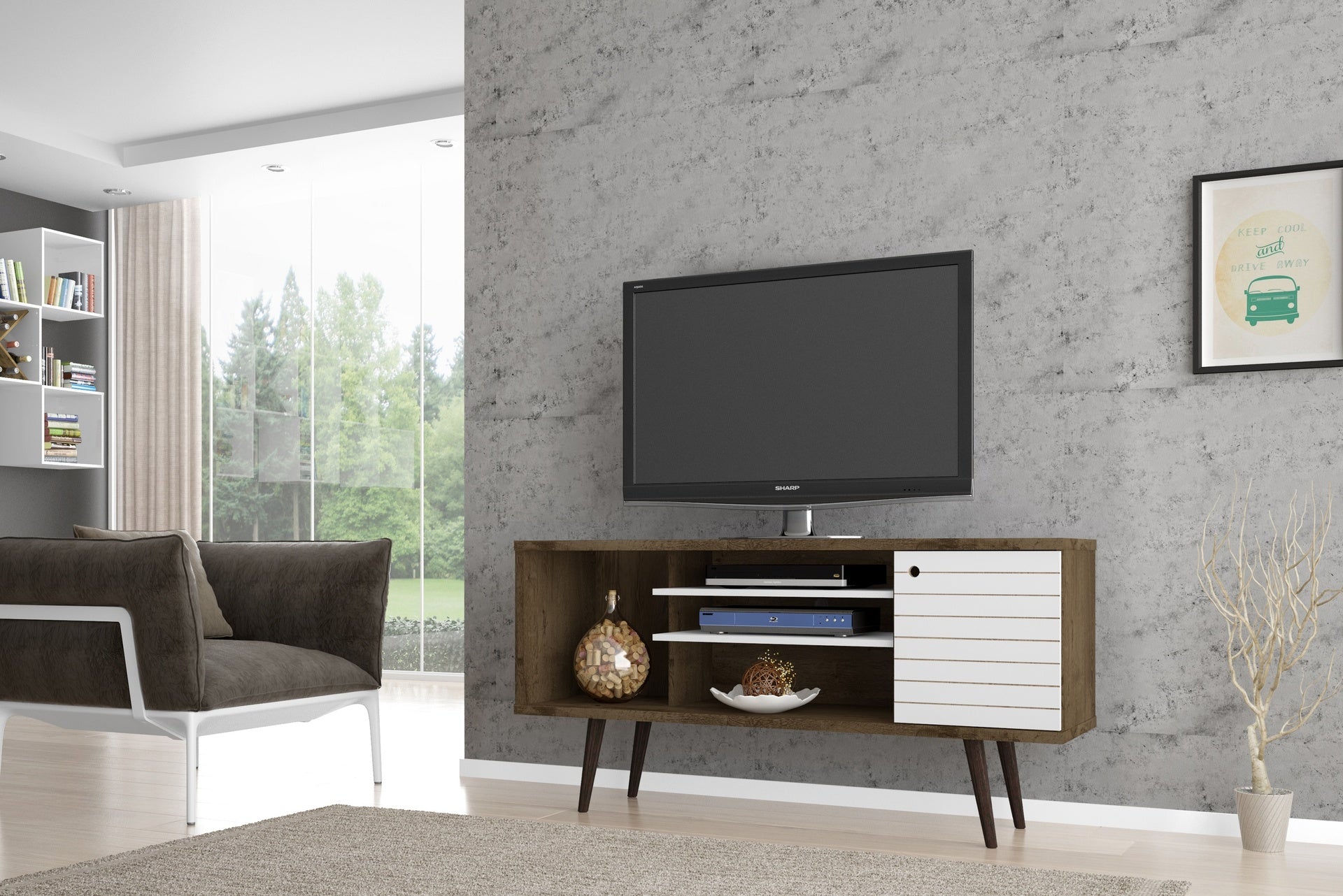 TV Stand in Rustic Brown and White