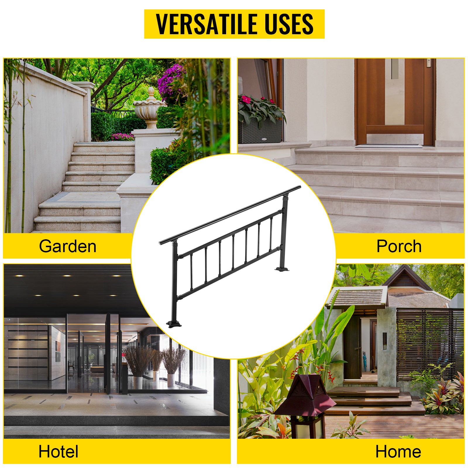 Outdoor Stair Railing, Fits for 1-5 Steps Transitional Wrought Iron Handrail, Adjustable Exterior Stair Railing with Fence, Handrails for Concrete Steps with Installation Kit, Matte Black