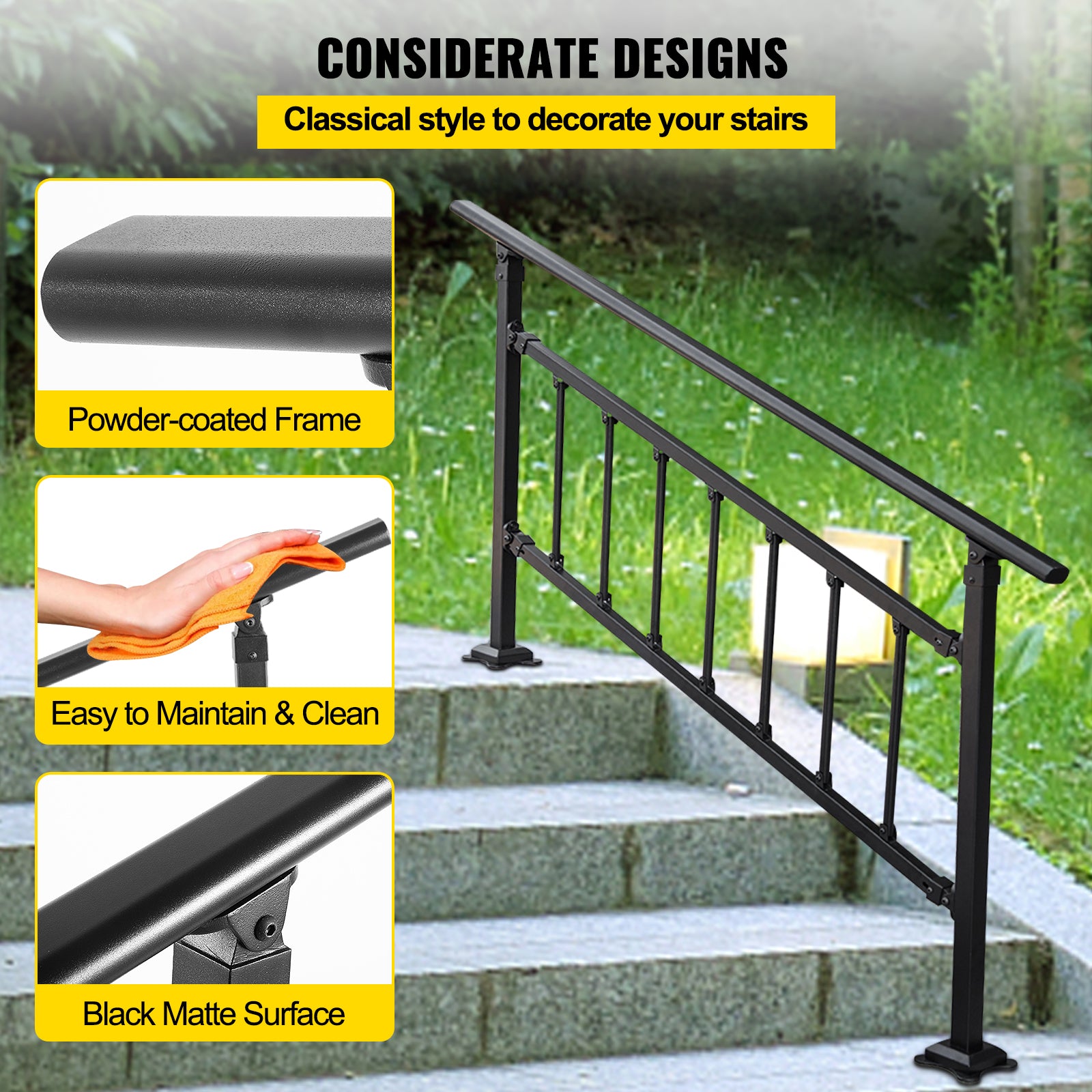 Outdoor Stair Railing, Fits for 1-5 Steps Transitional Wrought Iron Handrail, Adjustable Exterior Stair Railing with Fence, Handrails for Concrete Steps with Installation Kit, Matte Black