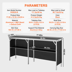 Extra Long Folding Portable Bar Table - Tradeshow Podium Table for Indoor, Outdoor, Party, Picnic, Exhibition, Includes Carrying Case, Storage Shelf and  Black Skirt, 77.95" x 15.16" x 34.65"