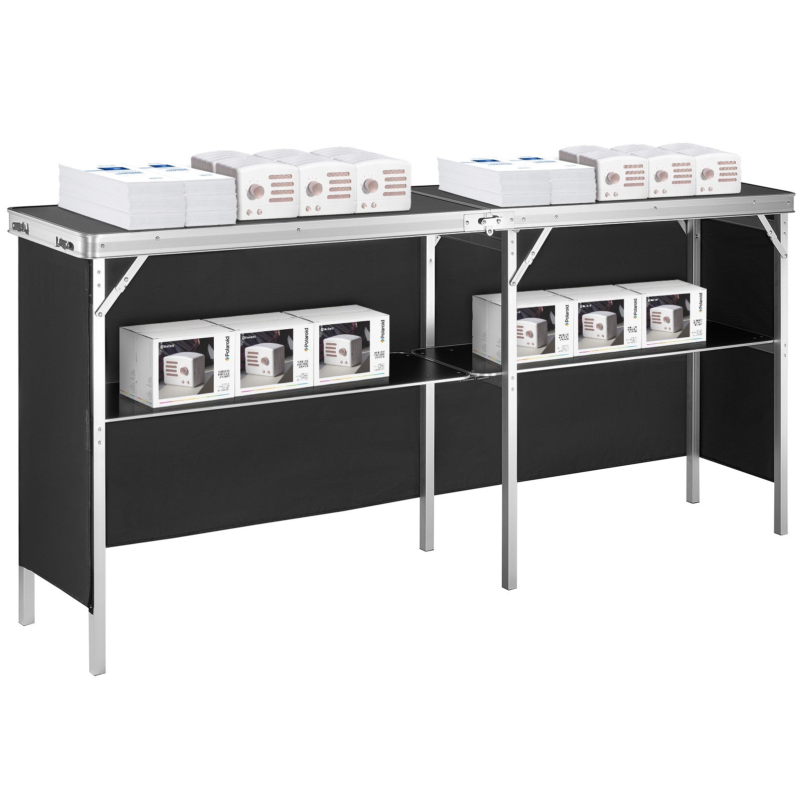 Extra Long Folding Portable Bar Table - Tradeshow Podium Table for Indoor, Outdoor, Party, Picnic, Exhibition, Includes Carrying Case, Storage Shelf and  Black Skirt, 77.95" x 15.16" x 34.65"