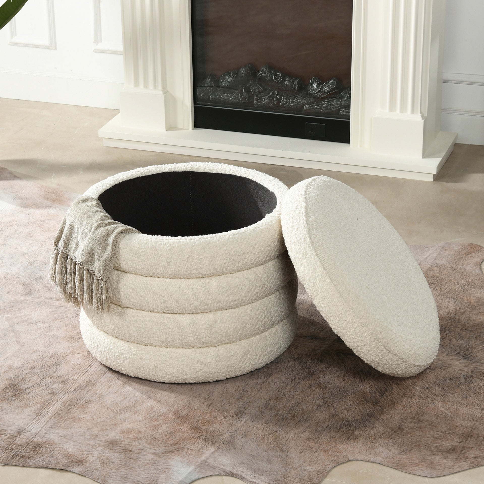 Fuji 19" Oversized Round Storage Ottoman, Ivory White Boucle