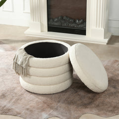 Fuji 19" Oversized Round Storage Ottoman, Ivory White Boucle
