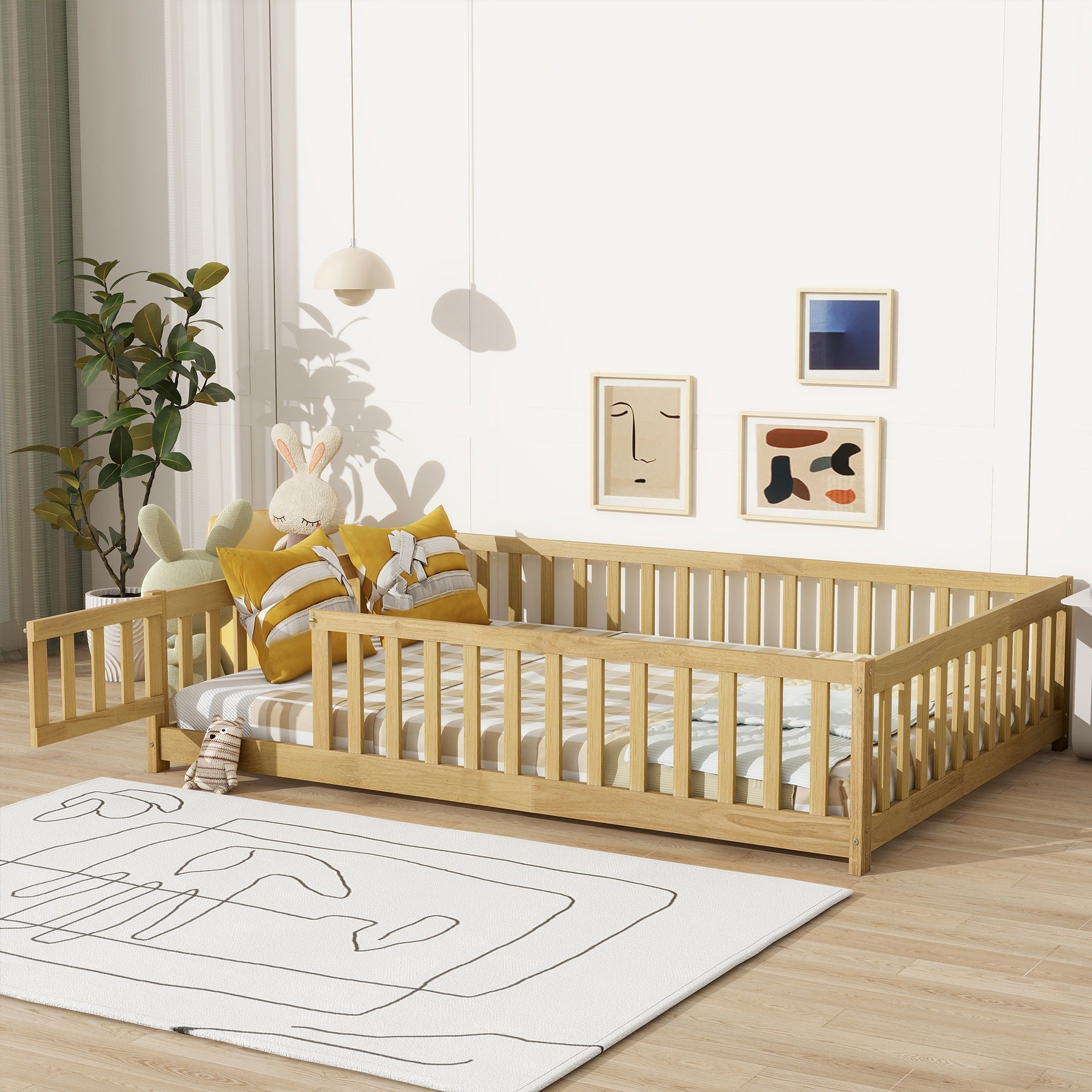 Full Size Floor Bed with Fence and Door,Rubber Wood Floor Bed with Safety Guardrails,Natural