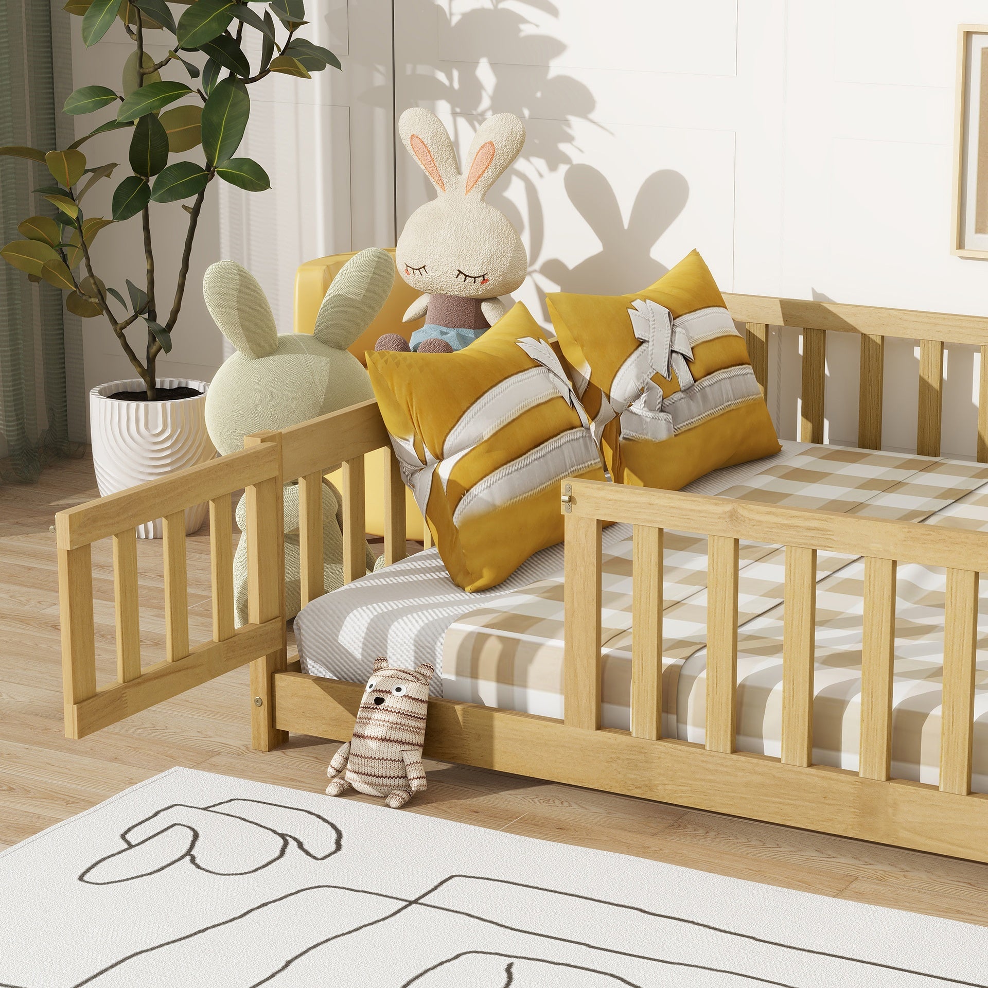 Full Size Floor Bed with Fence and Door,Rubber Wood Floor Bed with Safety Guardrails,Natural