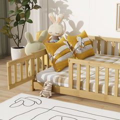 Full Size Floor Bed with Fence and Door,Rubber Wood Floor Bed with Safety Guardrails,Natural