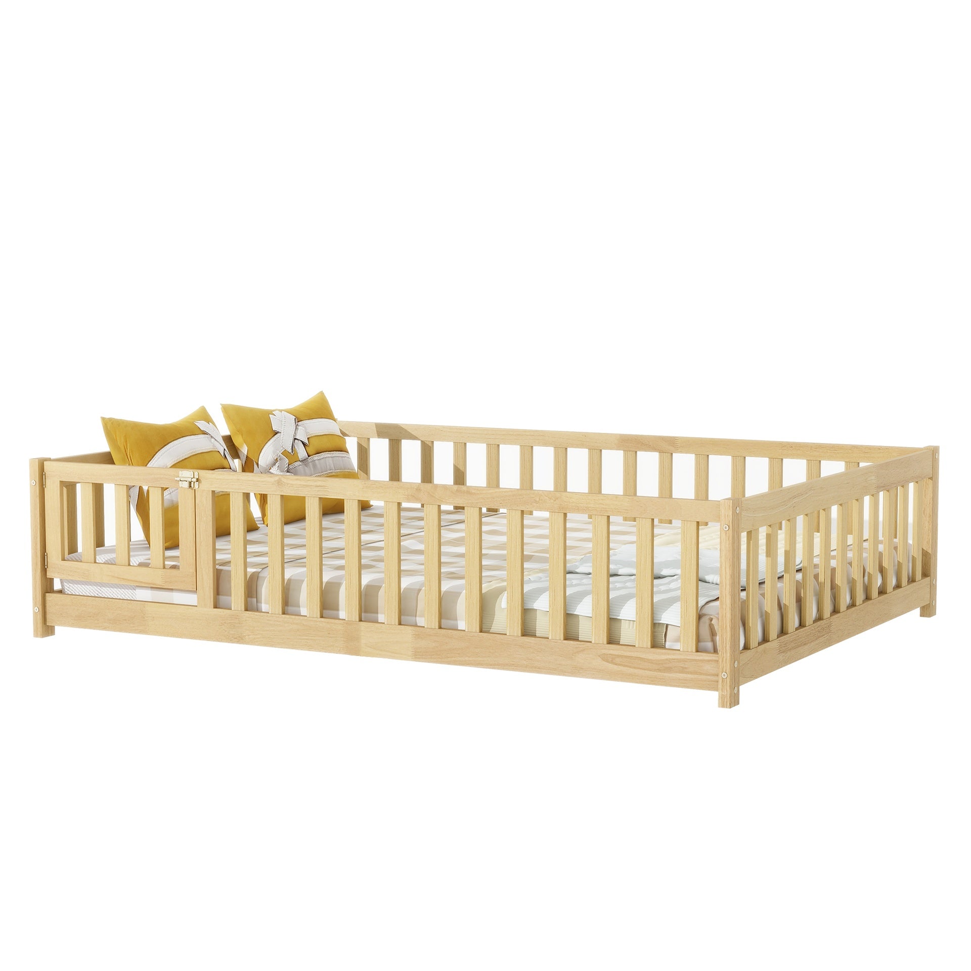 Full Size Floor Bed with Fence and Door,Rubber Wood Floor Bed with Safety Guardrails,Natural