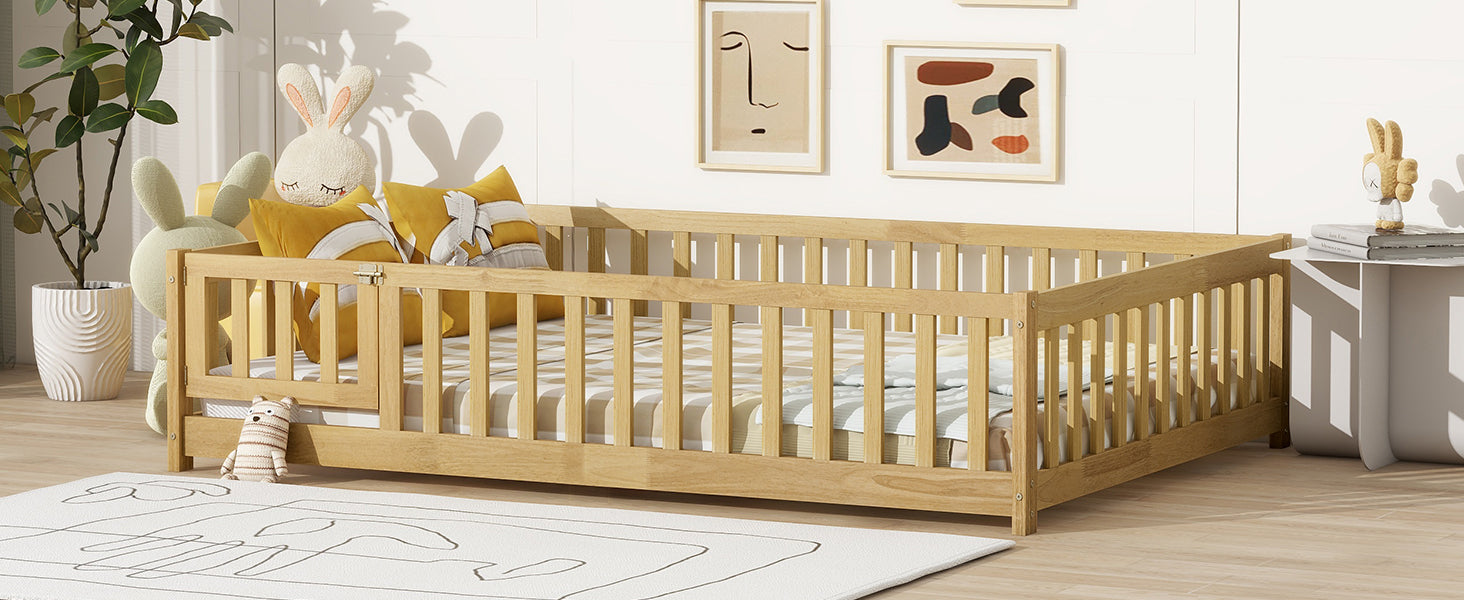 Full Size Floor Bed with Fence and Door,Rubber Wood Floor Bed with Safety Guardrails,Natural