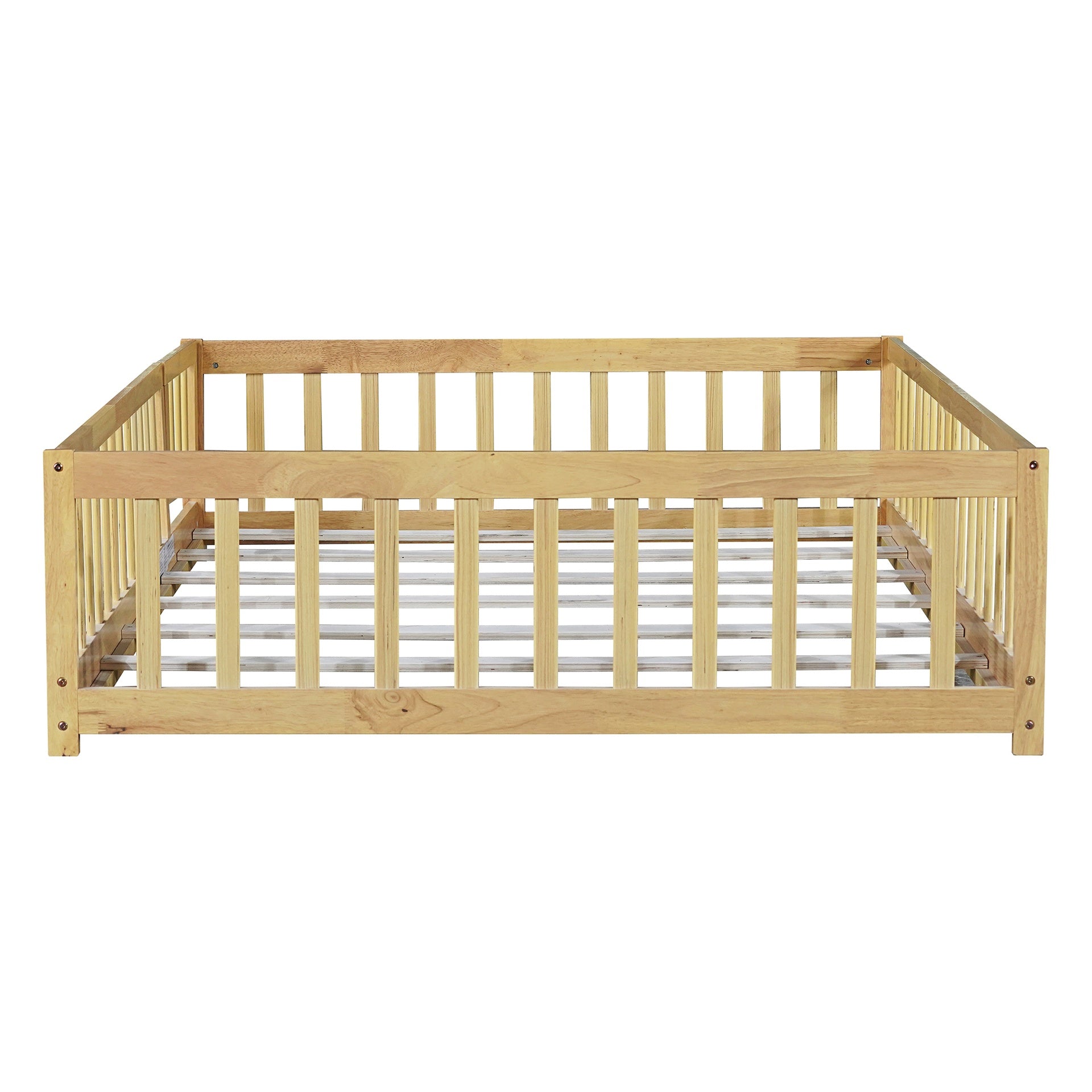 Full Size Floor Bed with Fence and Door,Rubber Wood Floor Bed with Safety Guardrails,Natural