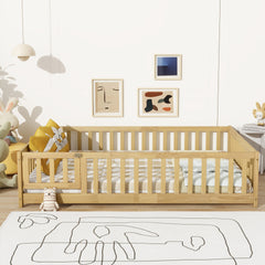 Full Size Floor Bed with Fence and Door,Rubber Wood Floor Bed with Safety Guardrails,Natural