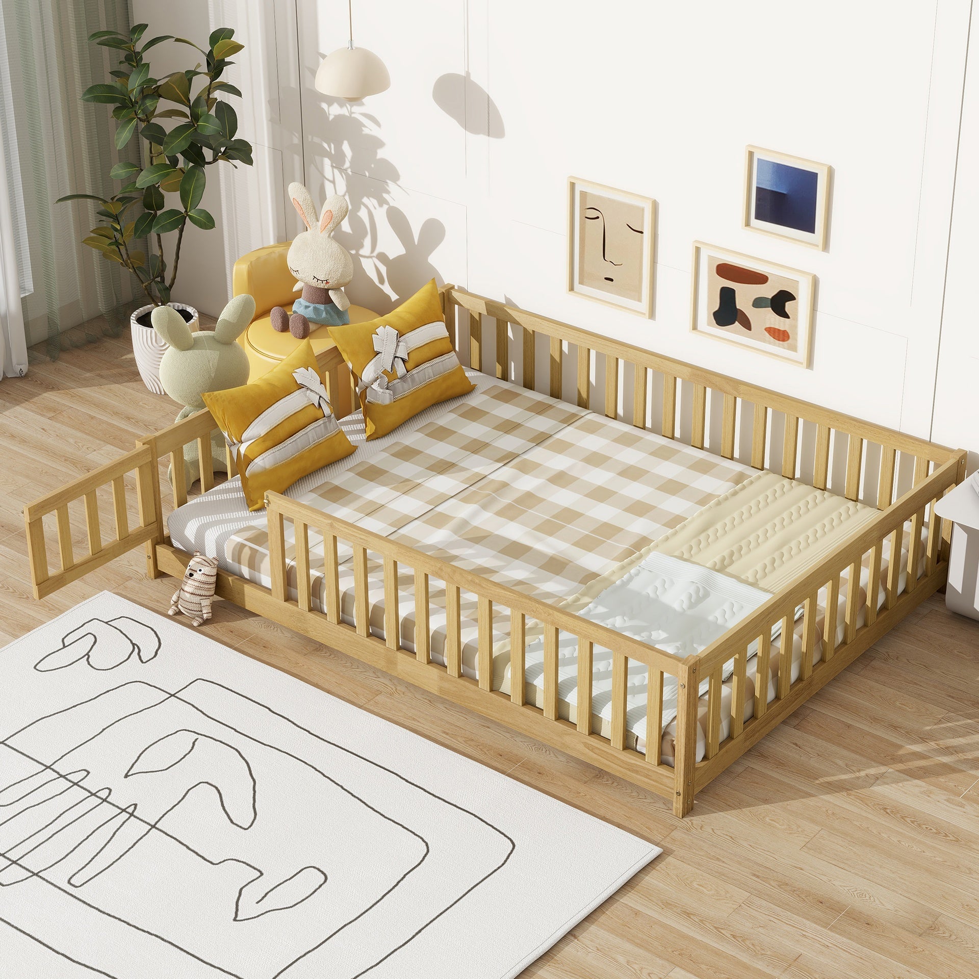 Full Size Floor Bed with Fence and Door,Rubber Wood Floor Bed with Safety Guardrails,Natural