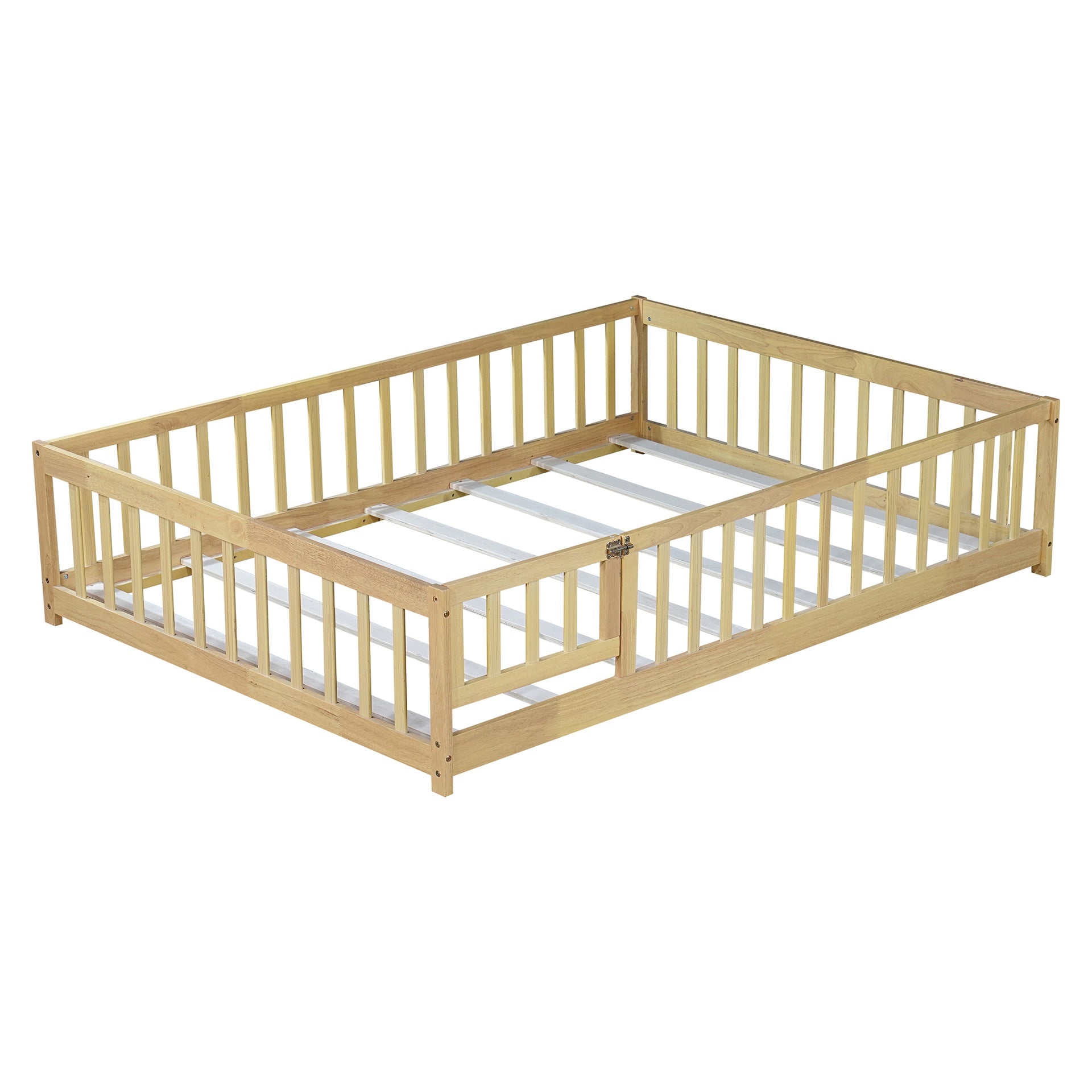 Full Size Floor Bed with Fence and Door,Rubber Wood Floor Bed with Safety Guardrails,Natural
