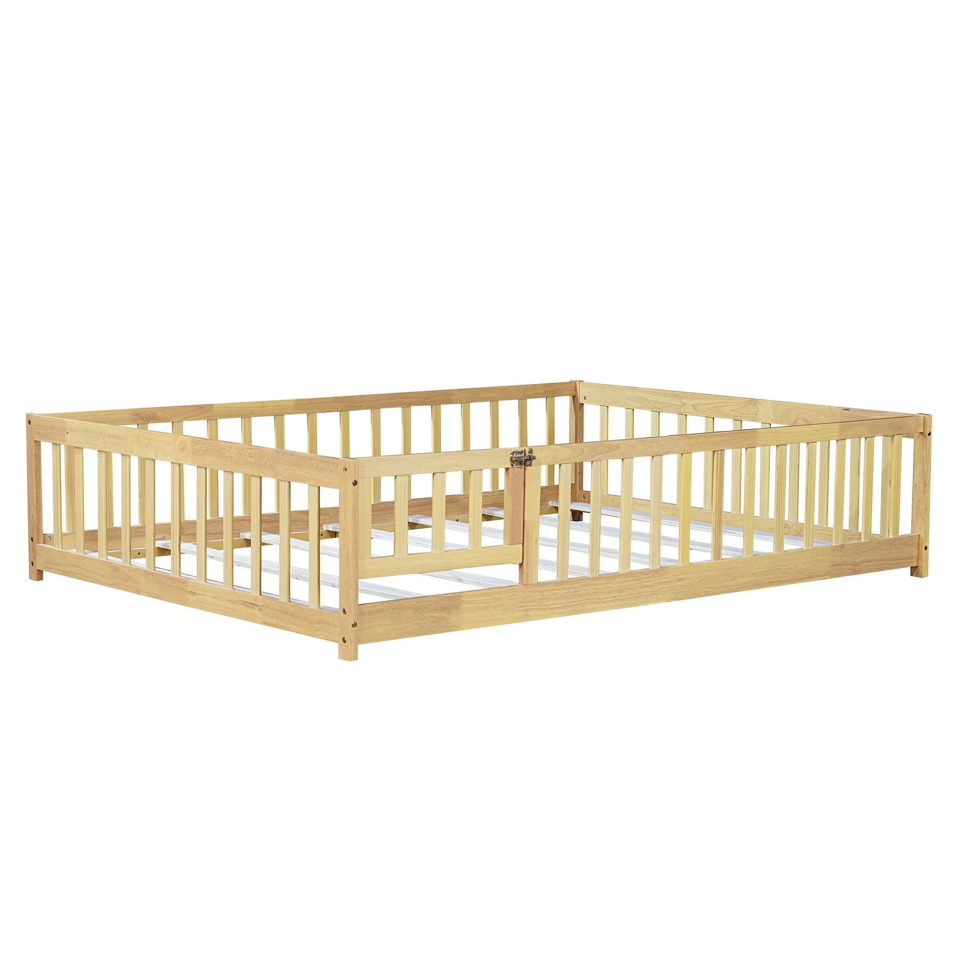 Full Size Floor Bed with Fence and Door,Rubber Wood Floor Bed with Safety Guardrails,Natural