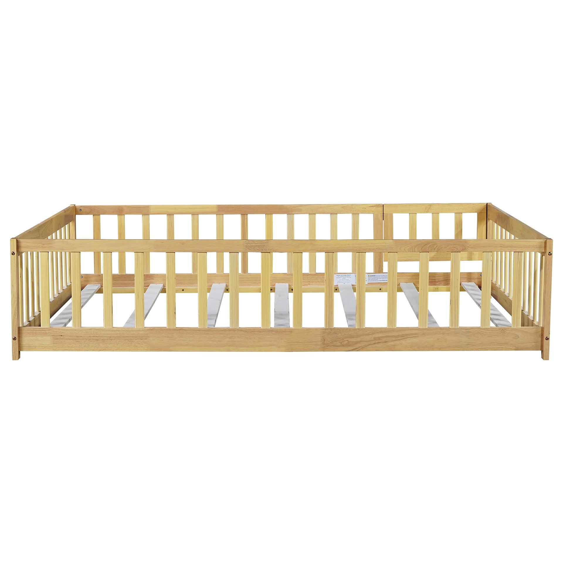 Full Size Floor Bed with Fence and Door,Rubber Wood Floor Bed with Safety Guardrails,Natural